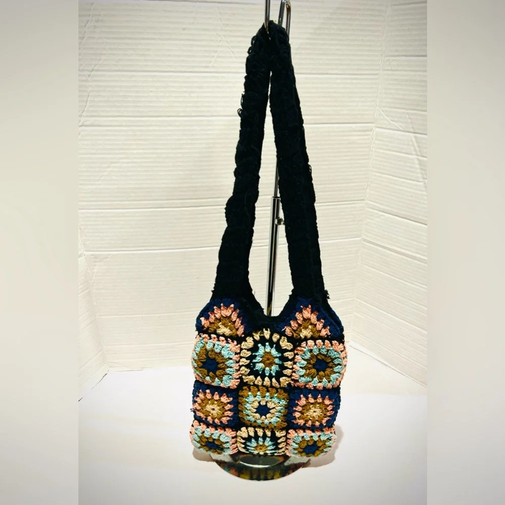 Vintage boho crochet granny square hobo bag crossbody purse